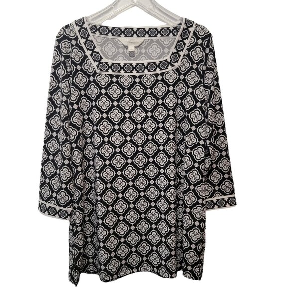 Magnolia Grace Stitch Fix Blouse Black White Print Square Neck Womens Large EUC - Picture 1 of 7